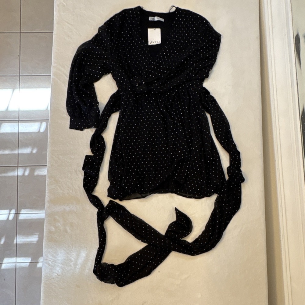 Zara Sheer Black Rhinestone Crystal Dot Faux-Wrap Mini‎ Dress